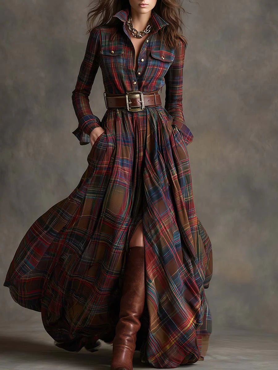 Effortless Plaid Maxi Shirt Dress for Women with Belted Flowing Style