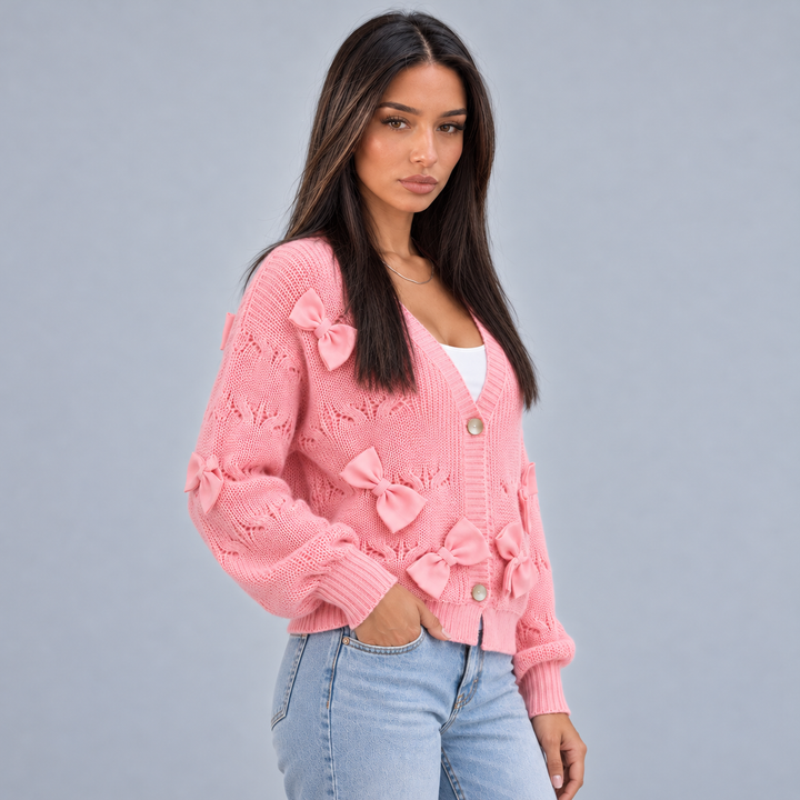 Women's V-Neck Cardigan with Bow Detail