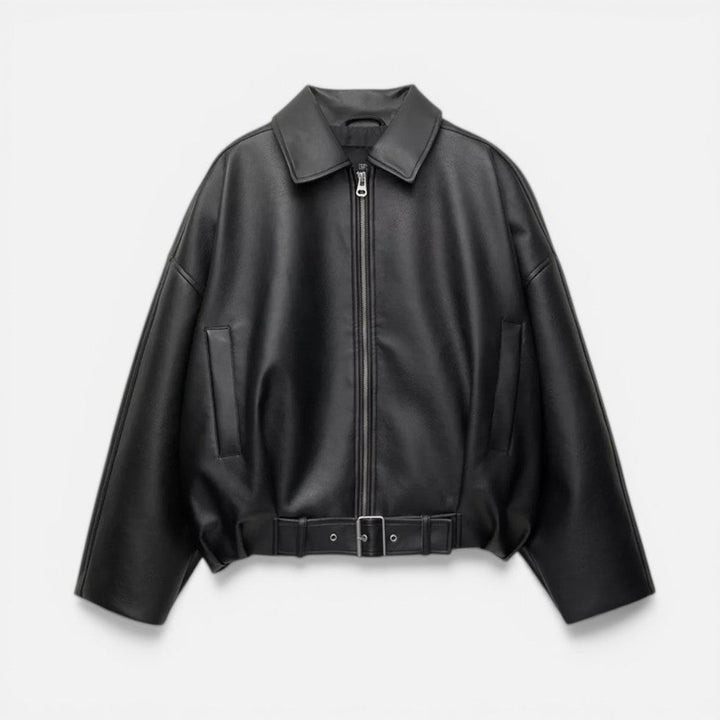 Elegant Leather Jacket for Women with Collar Long Sleeve Belted Oversized Bomber Style