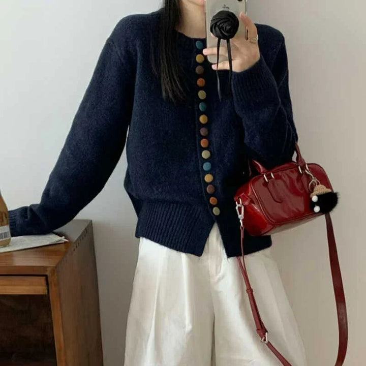 Cozy Knit Cardigan for Women with Crew Neck Long Sleeve Button Front Curved Hem Style