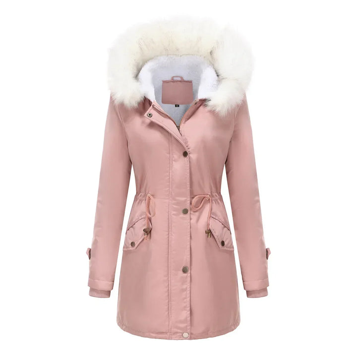 Cozy Faux Fur Trim Parka Jacket for Women with Hooded Long Sleeve Drawstring Waist Relaxed Style