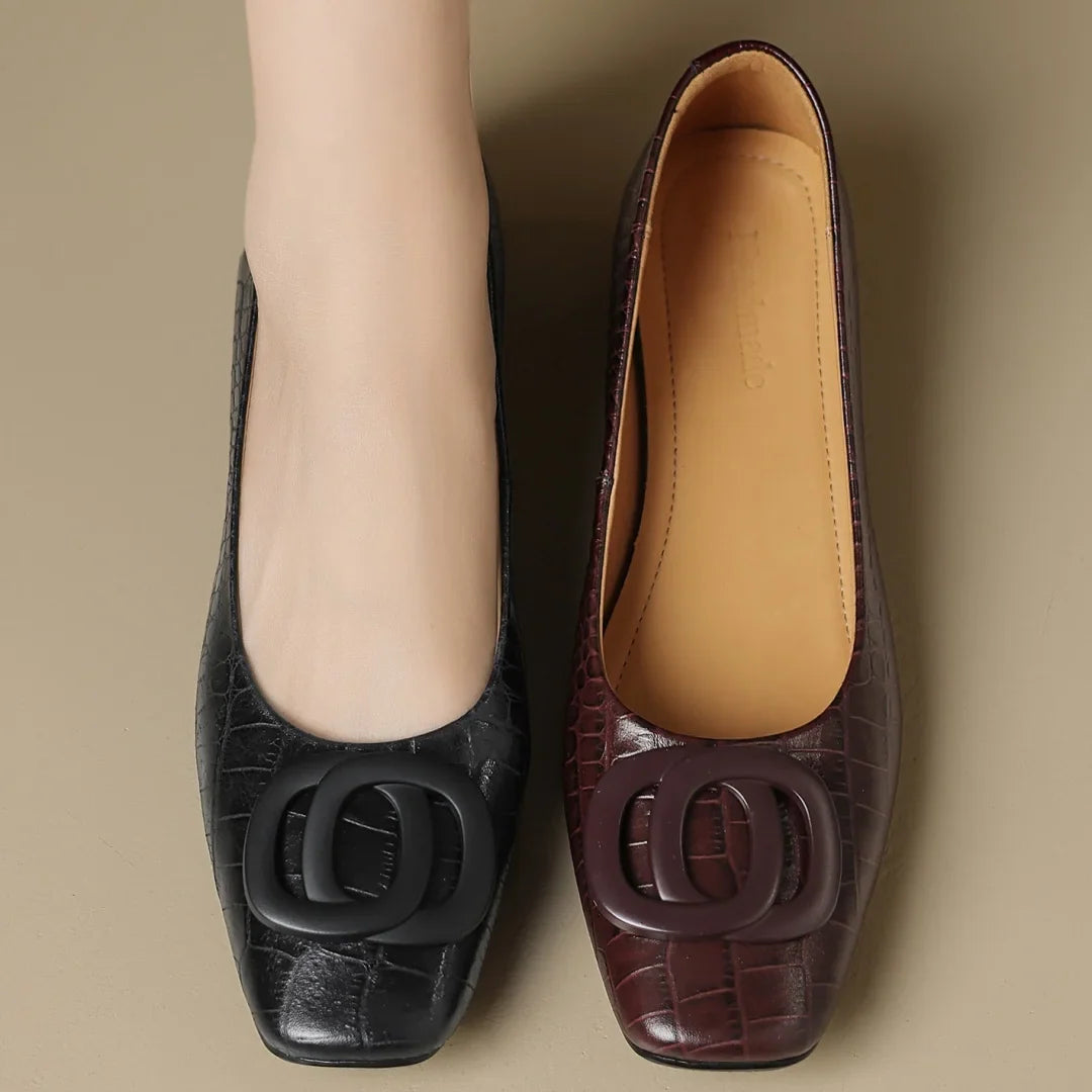 Leather Low Heel Pumps for Women – Buckle Detail Closed Toe Dress Shoes for Work, Black and Wine Red