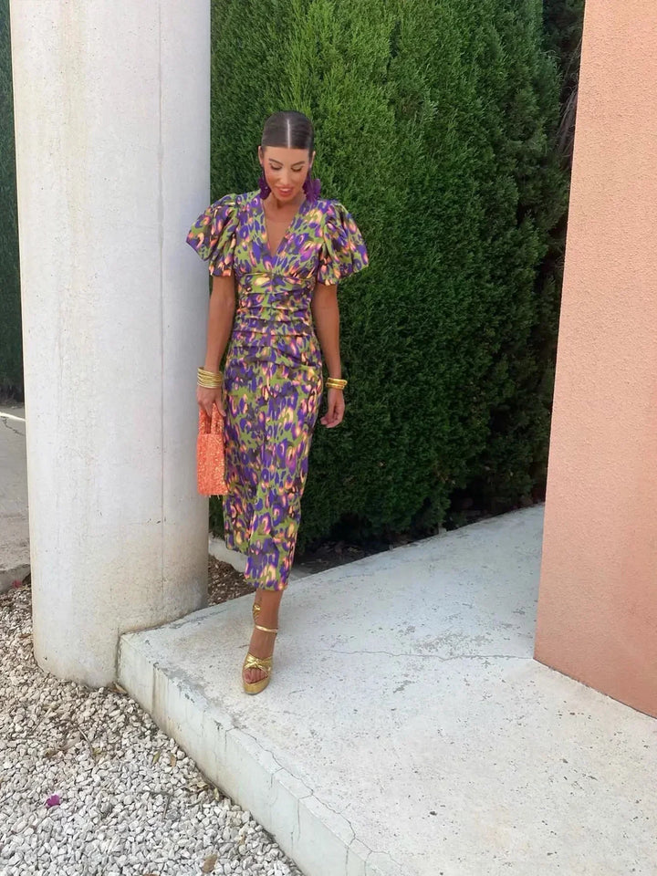 Loren | Vibrant Midi Dress with Puff Sleeves