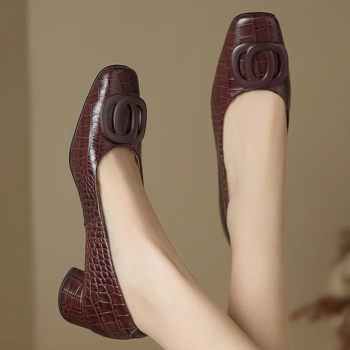 Leather Low Heel Pumps for Women – Buckle Detail Closed Toe Dress Shoes for Work, Black and Wine Red