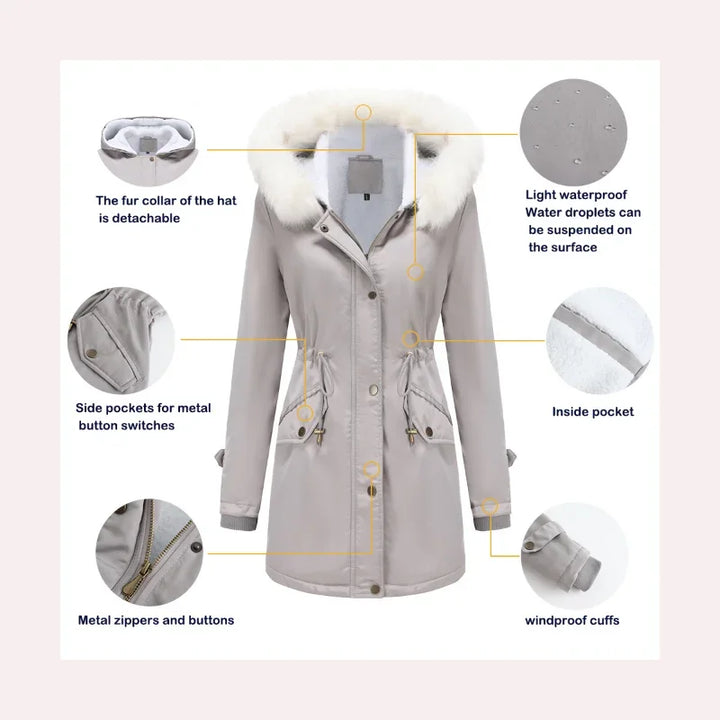 Cozy Faux Fur Trim Parka Jacket for Women with Hooded Long Sleeve Drawstring Waist Relaxed Style