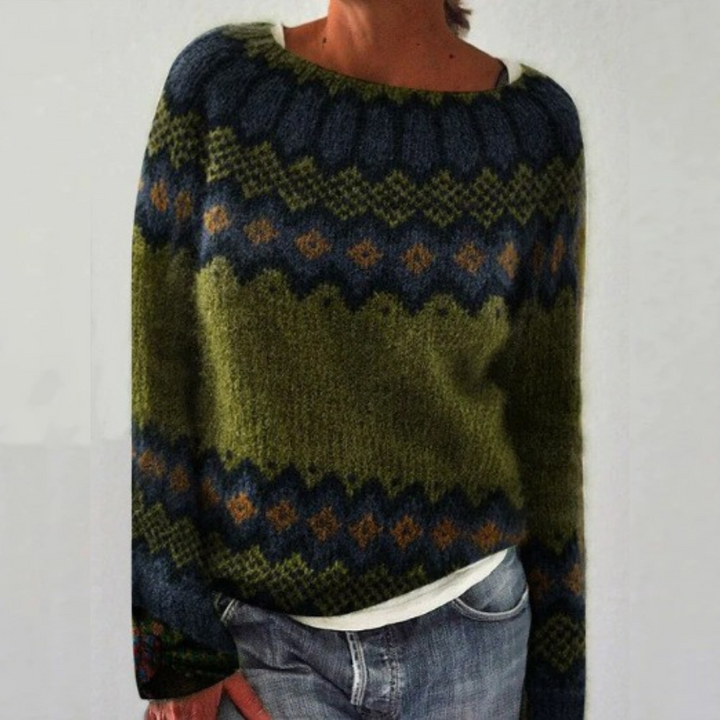 Comfortable Fair Isle Sweater for Women with Crew Neck Long Sleeve Relaxed Oversized Knit Style