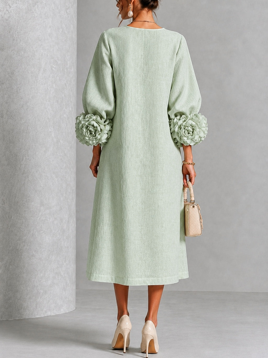 Elegant Sage Green Textured Midi Dress for Women with Round Neck Ballo – Mercer & Bloom