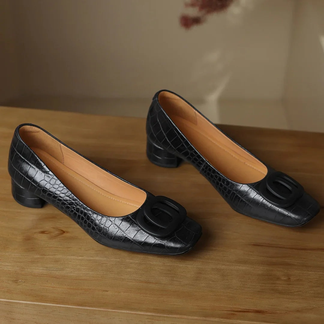 Leather Low Heel Pumps for Women – Buckle Detail Closed Toe Dress Shoes for Work, Black and Wine Red