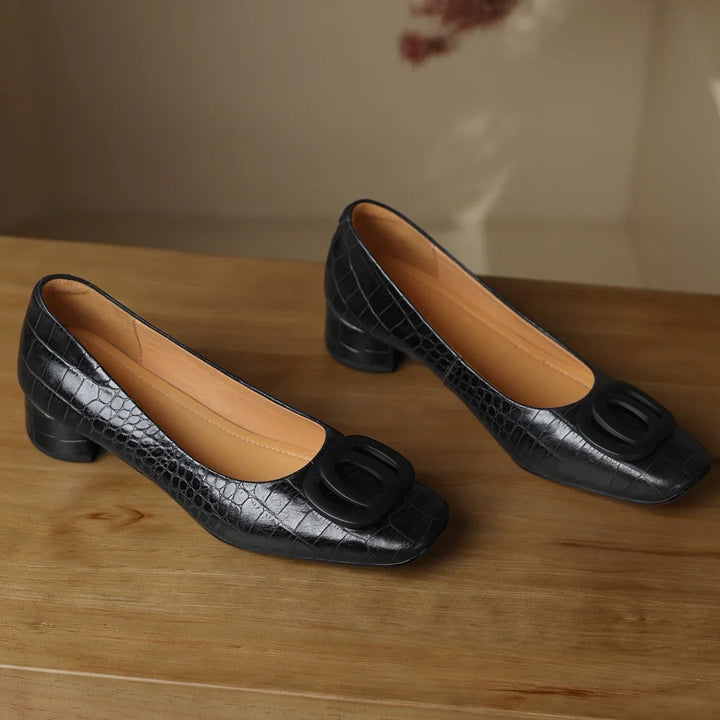 Leather Low Heel Pumps for Women – Buckle Detail Closed Toe Dress Shoes for Work, Black and Wine Red