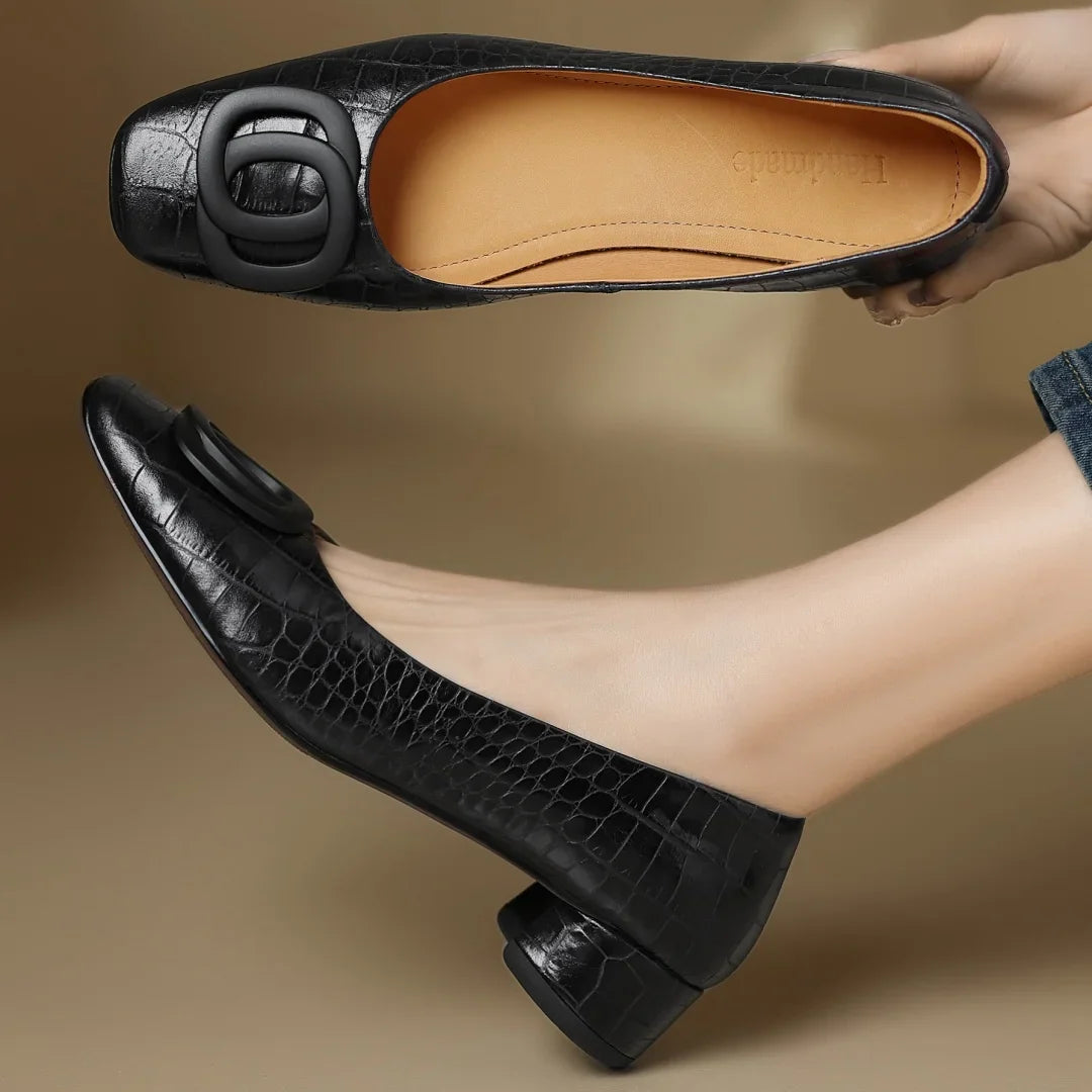Leather low heel buckle pumps for women