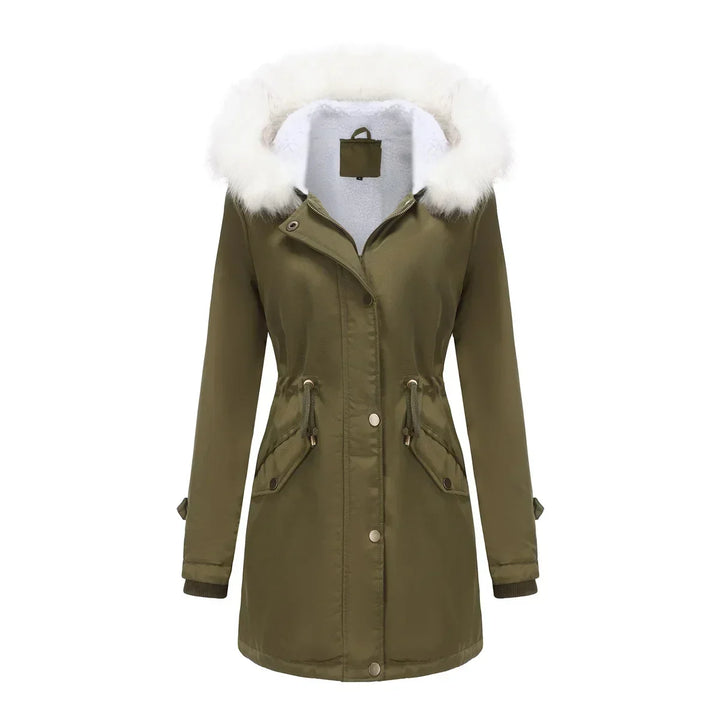 Cozy Faux Fur Trim Parka Jacket for Women with Hooded Long Sleeve Drawstring Waist Relaxed Style