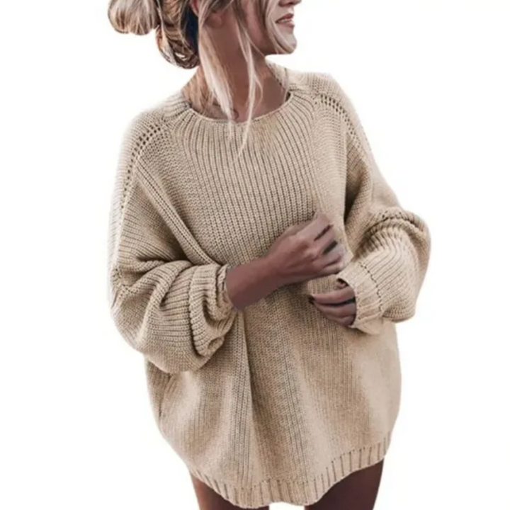Comfortable Crewneck Sweater for Women with Round Neck Balloon Sleeve Ribbed Cuff Oversized Knit Style