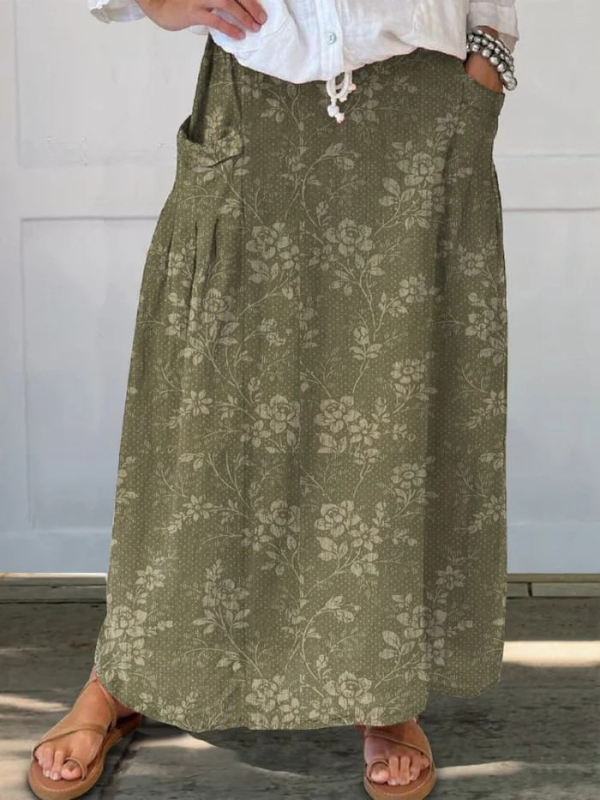 Damen Vintage Blumen Leinen Rock mit elastischem Bund und Taschen