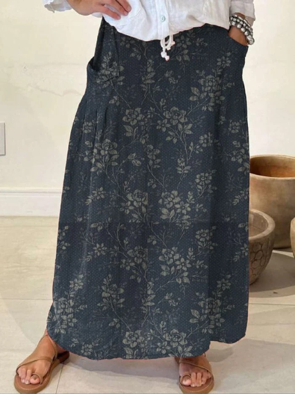 Damen Vintage Blumen Leinen Rock mit elastischem Bund und Taschen