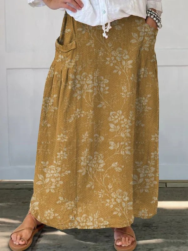 Damen Vintage Blumen Leinen Rock mit elastischem Bund und Taschen
