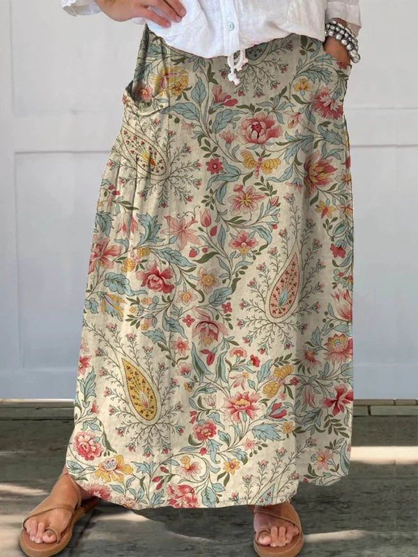 Falda de Lino Estampada Floral Vintage con Bolsillos para Mujer