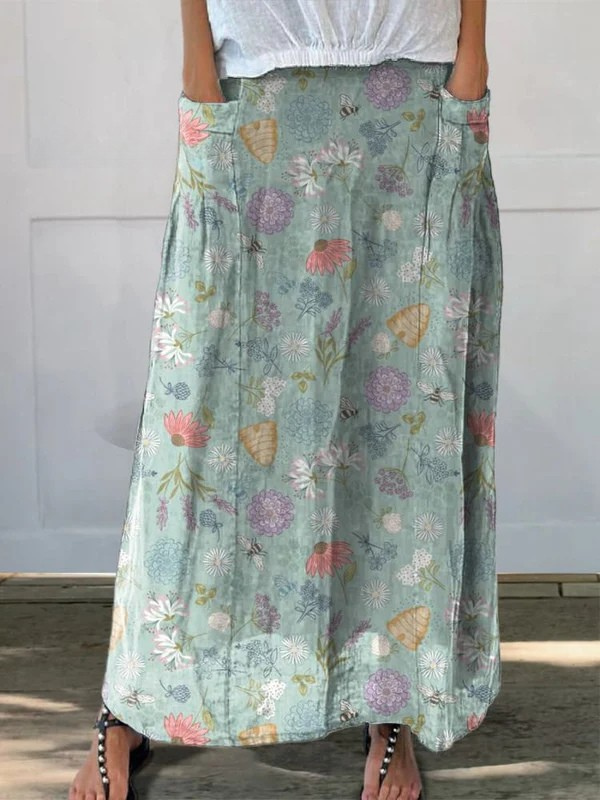 Blühendes Frühlingsblumen- und Hummel-Muster Bedruckter Damen Leinen Rock mit Taschen