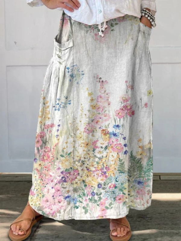 Damen Retro Eleganter Blumen Kunst Leinen Rock mit elastischem Bund und Taschen