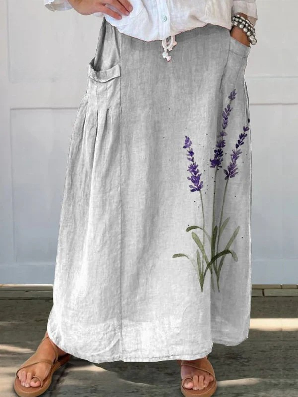 Aquarell Lavendel Blumen Bedruckter Damen Leinen Rock mit elastischem Bund und Taschen