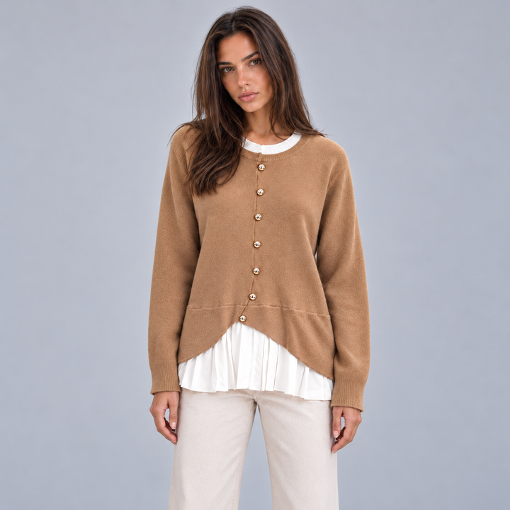 Women's Button-Front Cardigan with Layered Pleated Hem