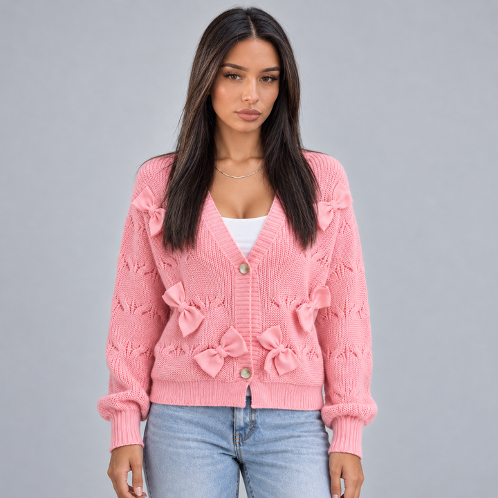 Women's V-Neck Cardigan with Bow Detail