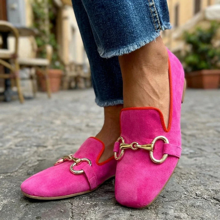 Suede Loafers for Women – Bright Pink and Green Slip On Flats with Metal Detail, Colorful Statement Shoes