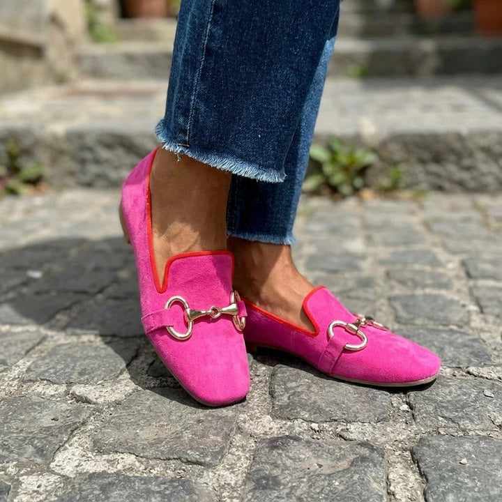 Suede Loafers for Women – Bright Pink and Green Slip On Flats with Metal Detail, Colorful Statement Shoes