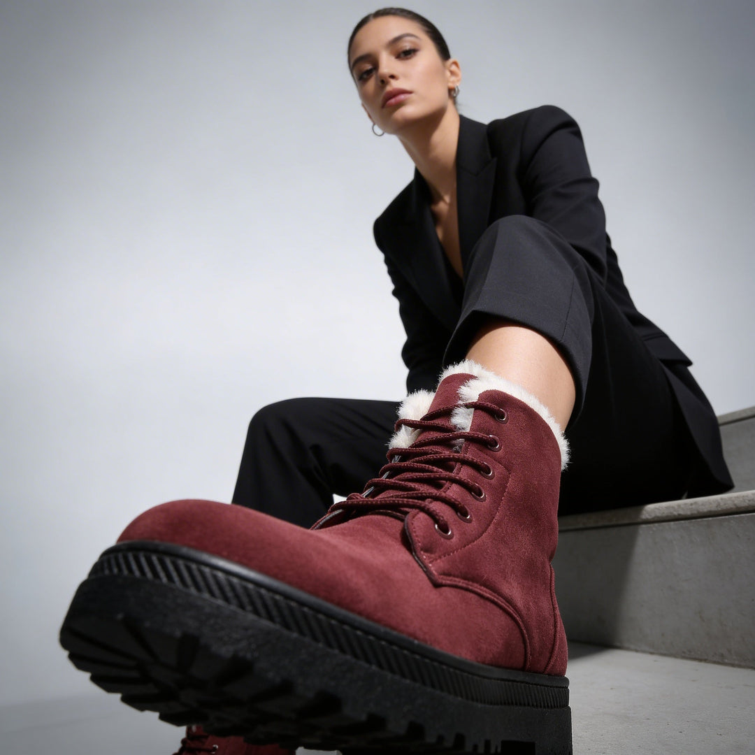 Cozy Faux Fur Lined Winter Boots for Women with Lace Up Ankle Lug Sole Casual Style