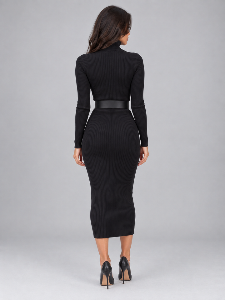 Women's Roll Neck Ribbed Knit Midi Dress with Belt