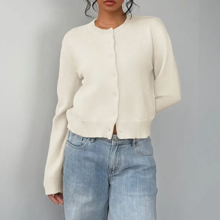 Comfortable Cropped Cardigan for Women with Crew Neck Long Sleeve Button Front Ribbed Knit Style