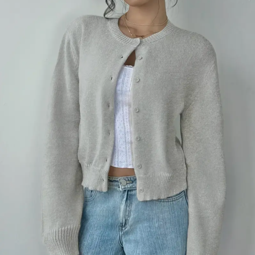 Comfortable Cropped Cardigan for Women with Crew Neck Long Sleeve Button Front Ribbed Knit Style