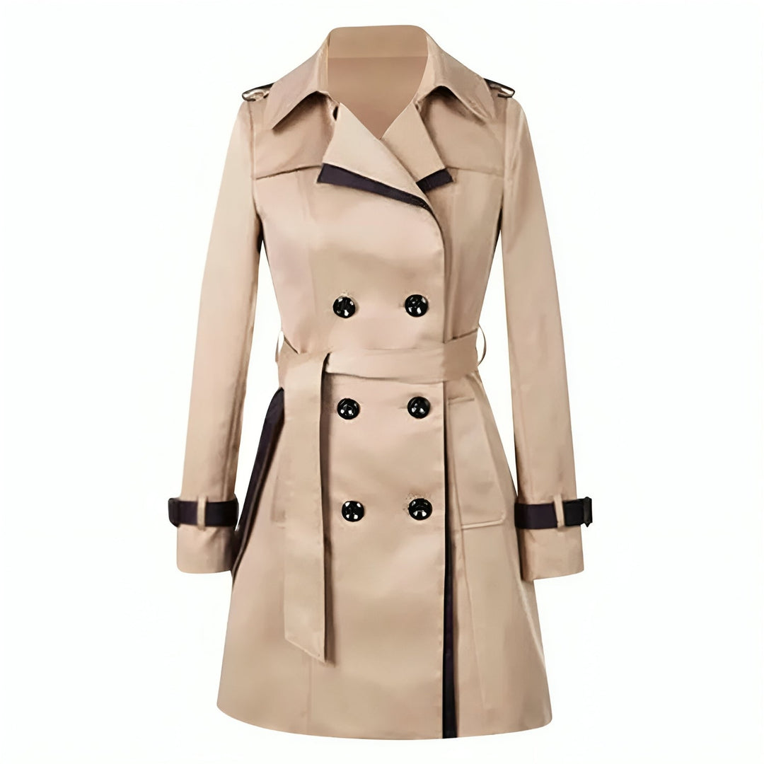 Elegant Trench Coat for Women with Notched Lapel Long Sleeve Belted Double Breasted Style