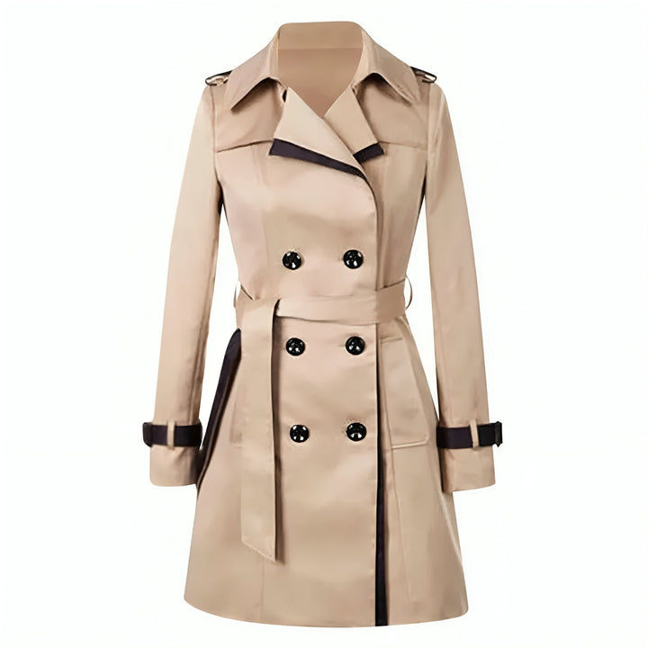 Elegant Trench Coat for Women with Notched Lapel Long Sleeve Belted Double Breasted Style