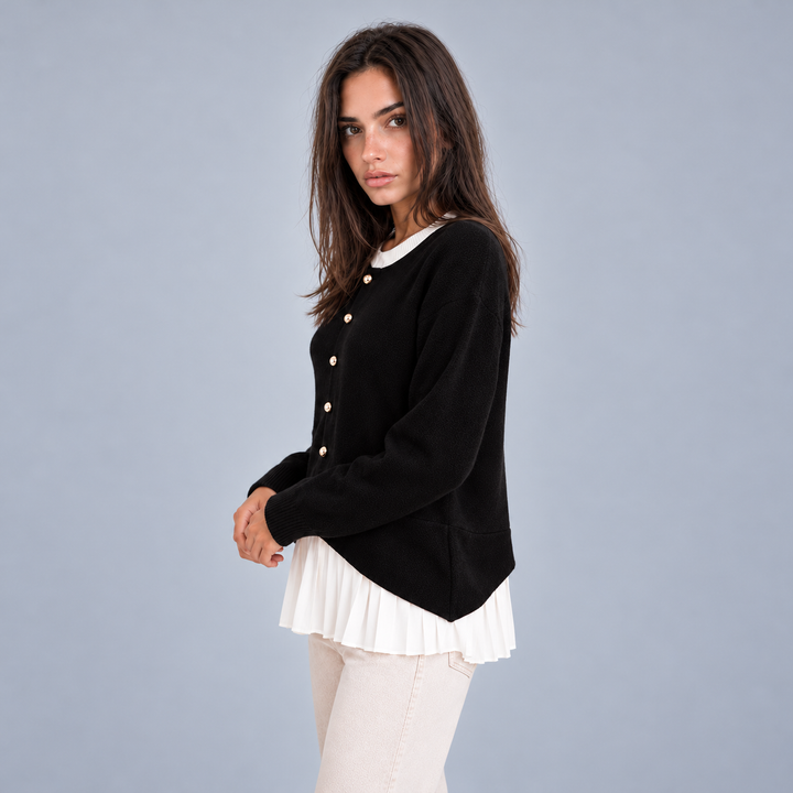 Women's Button-Front Cardigan with Layered Pleated Hem