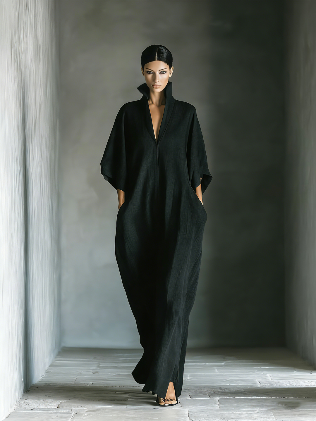 Maxivestido Oversize de Manga Kimono de Tela de Mezcla de Algodón Negro con Bolsillos para Mujer