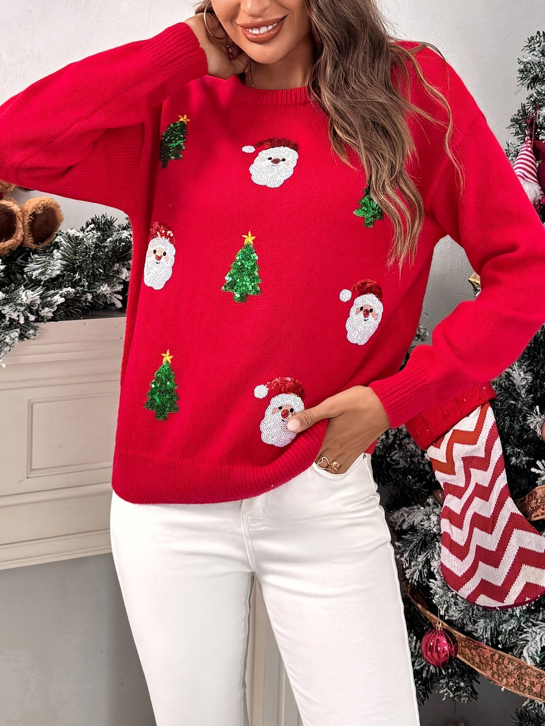 Comfortable Red Sequin Christmas Sweater for Women with Crew Neck Long Sleeve Sequin Santa Oversized Knit Style