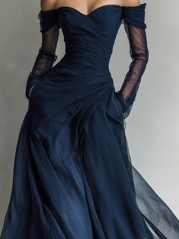 Women's Elegant Dark Blue Chiffon Organza Off-shoulder Long-sleeved Fitted Maxi Dress