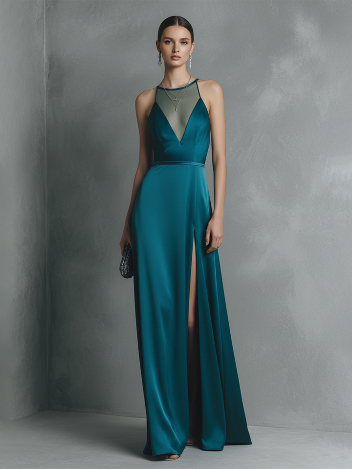 Vestido maxi de satén elástico verde azulado transparente con espalda descubierta y abertura alta para mujer