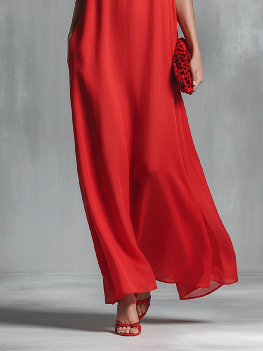 Vestido Maxi Feminino Vermelho Simples em Chiffon com Decote V e Alças Finas