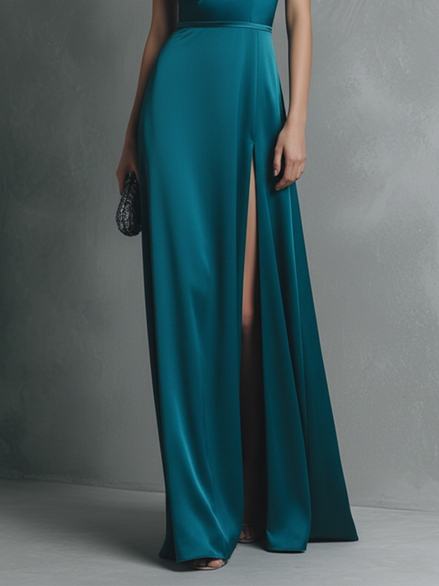 Vestido maxi de satén elástico verde azulado transparente con espalda descubierta y abertura alta para mujer