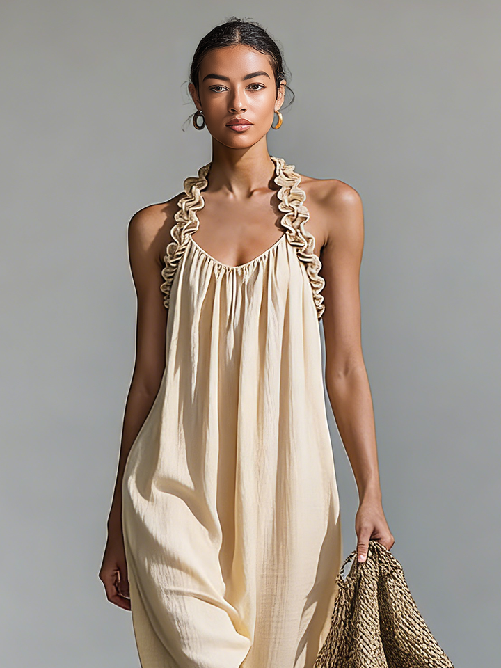 Women's Minimalist Linen Blend Dress With Ruffled Trim And Halter Neck