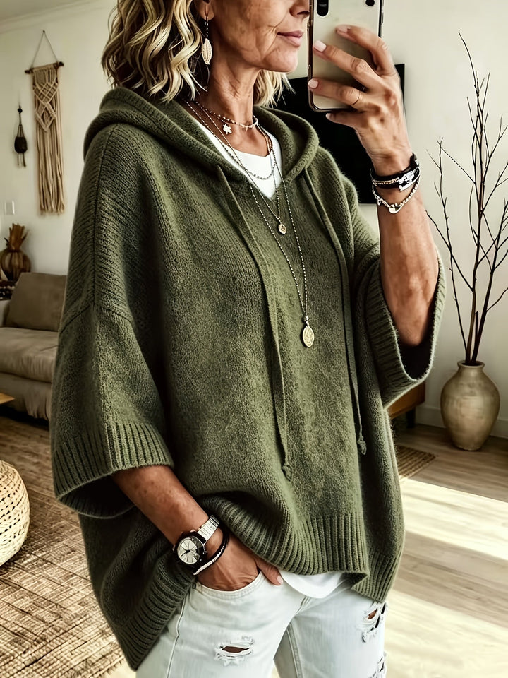 Comfortable Knit Oversized Hoodie for Women with Hooded Neck Half Sleeve Batwing Relaxed Style