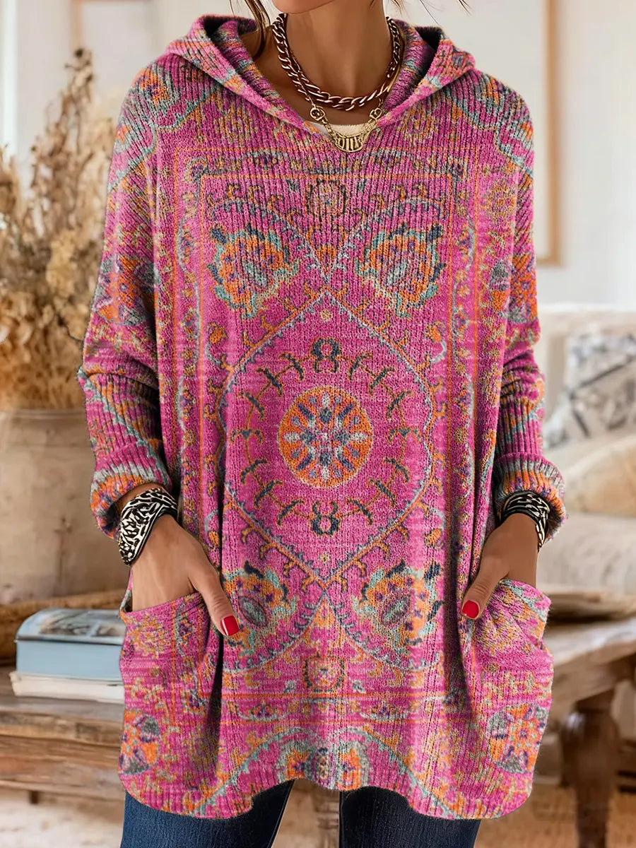 Comfortable Boho Print Tunic Sweater for Women with Hooded Long Sleeve Oversized Pocket Bohemian Style