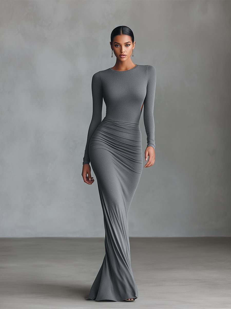 Dámské elegantní šedé maxi šaty z pružné polyester-bavlněné směsi s nařaseným otevřeným zády
