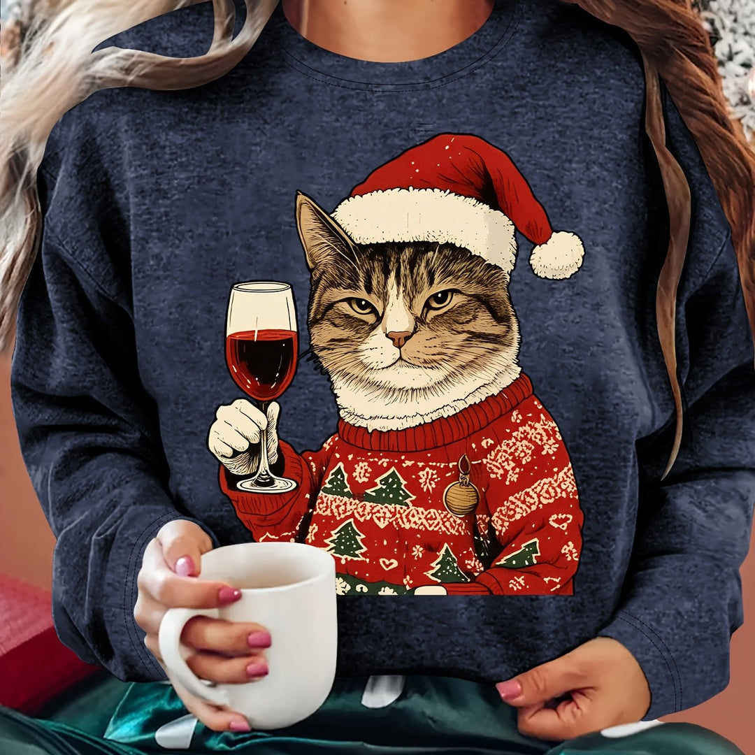 Comfortable Cat Graphic Christmas Tacky Sweater for Women with Crew Neck Long Sleeve Pullover Holiday Style