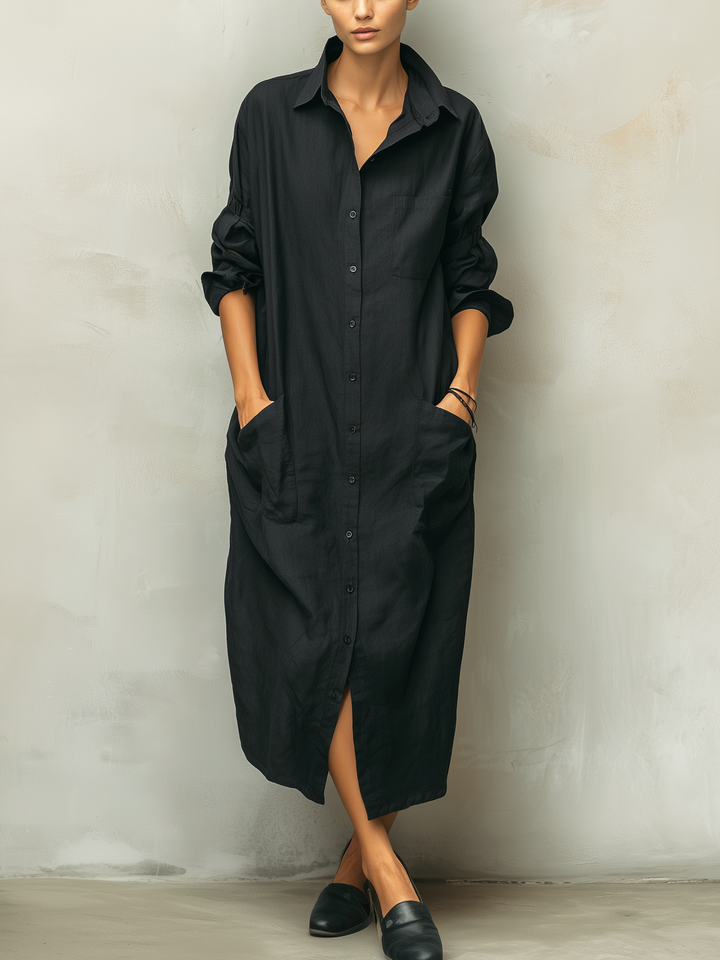 Vestido camisero de manga larga de mezcla de algodón y lino negro informal para mujer