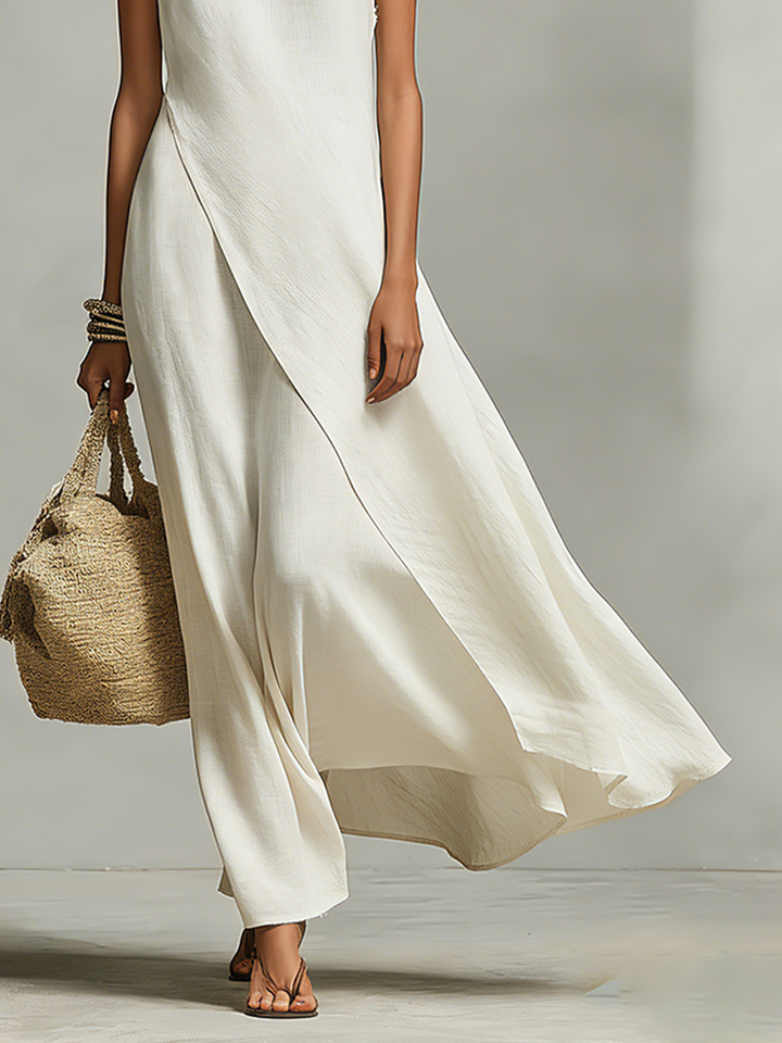 Vestido Feminino Marfim em Linho Respirável com Detalhe Sem Mangas e Barra Assimétrica, Estilo Casual-Feminino Contemporâneo