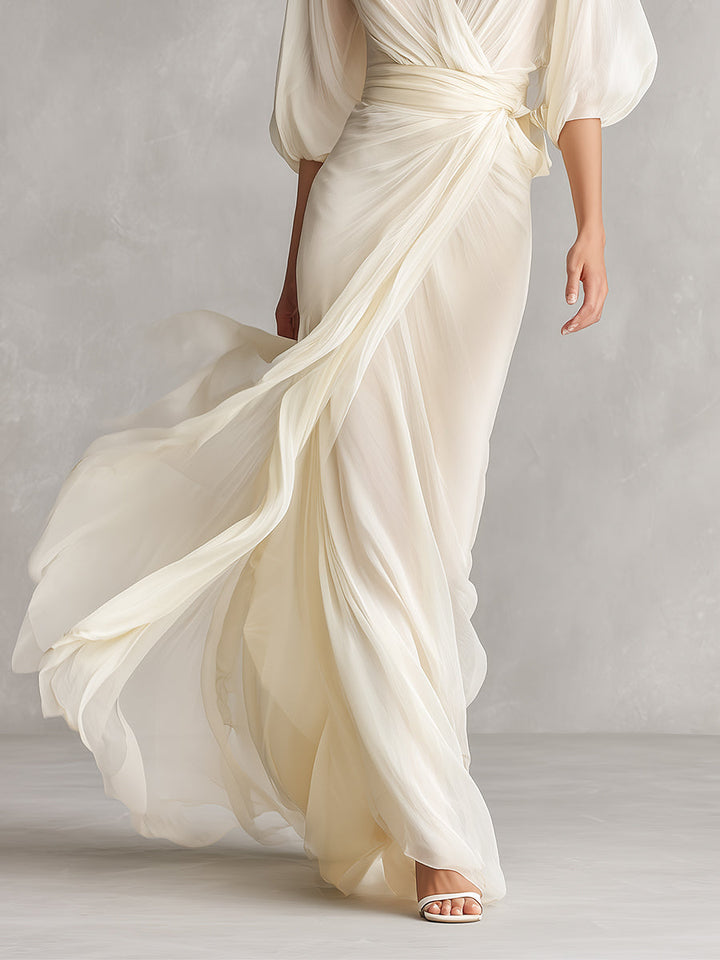 ivory chiffon dress with sleeves Long Sleeve White Chiffon Long Formal Dress Off White / Large
