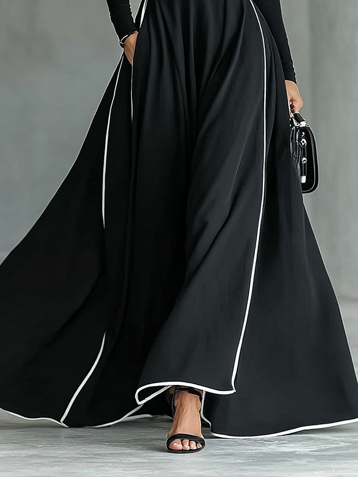 Robe maxi noire pour femme, coutures avec bordure blanche, col haut, manches longues, ceinture serrée