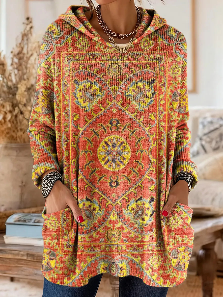 Comfortable Boho Print Tunic Sweater for Women with Hooded Long Sleeve Oversized Pocket Bohemian Style